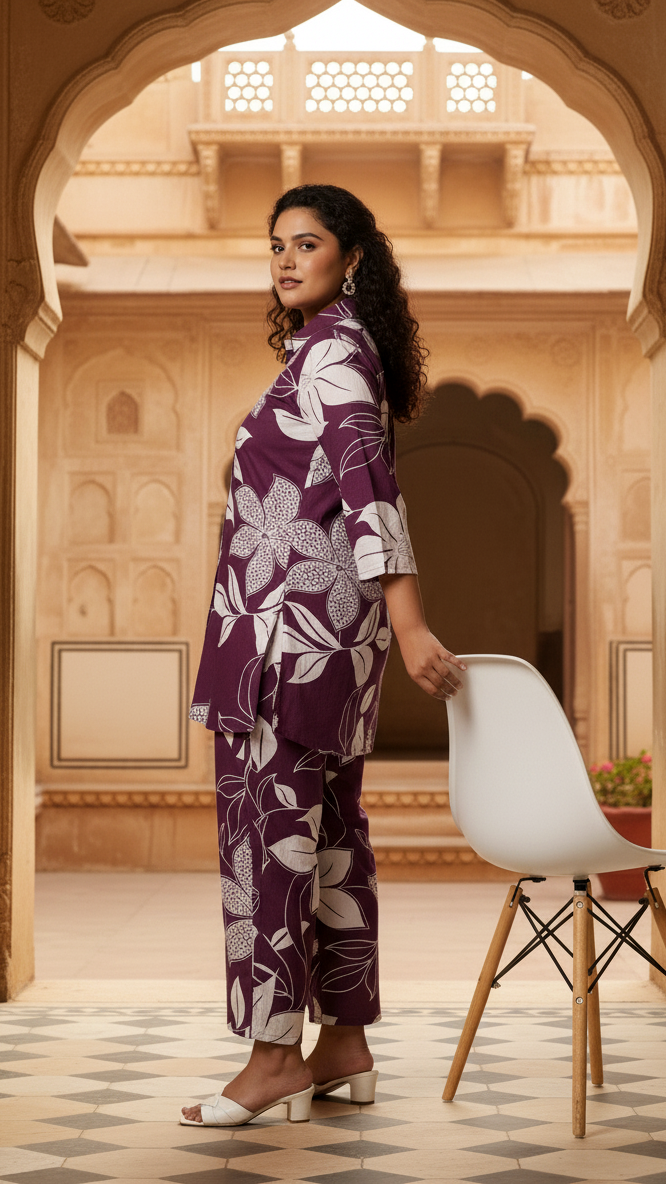 Comfort Fit Plum Colour Block Print Co-ord Set