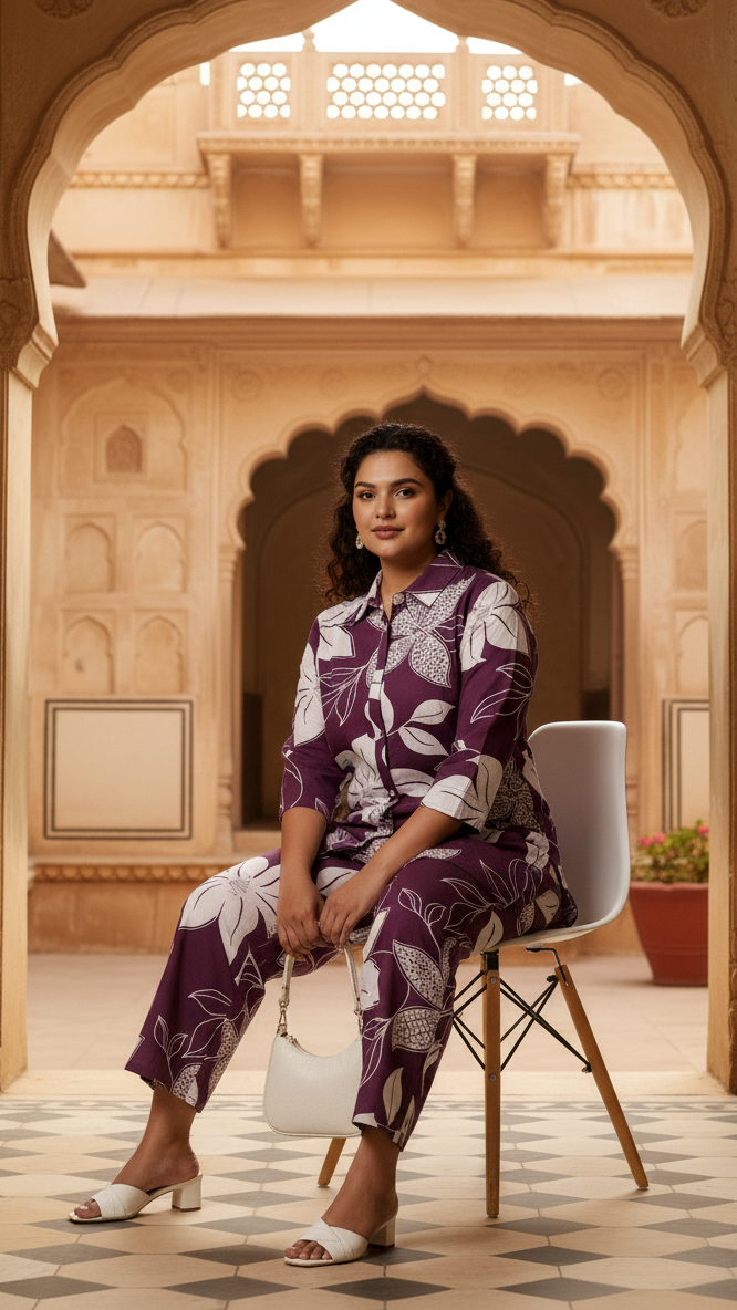 Comfort Fit Plum Colour Block Print Co-ord Set