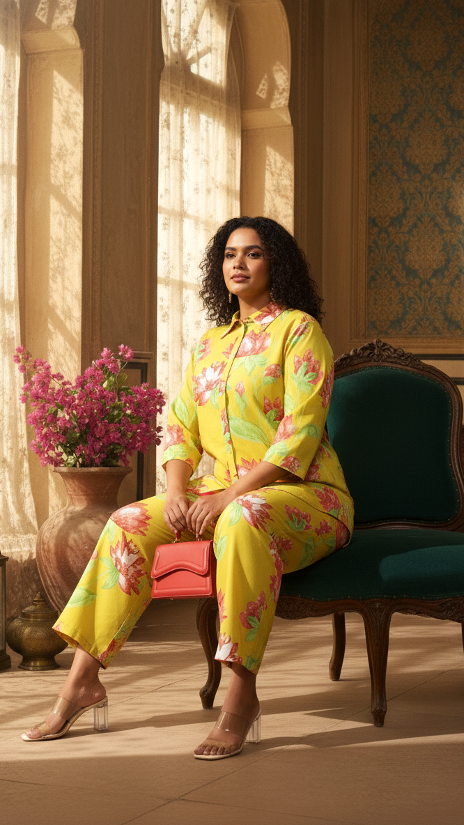Plus Size Sunny Yellow Lotus Print 2-Piece Set