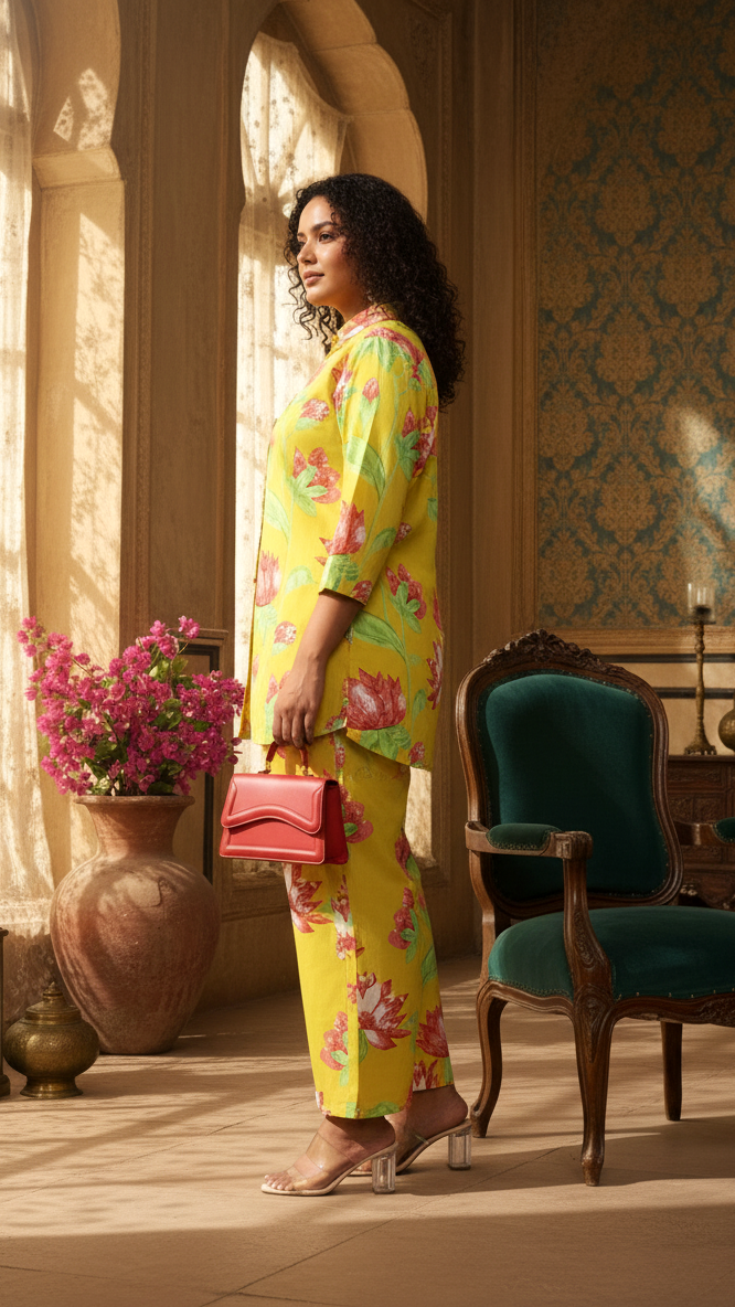 Plus Size Sunny Yellow Lotus Print 2-Piece Set