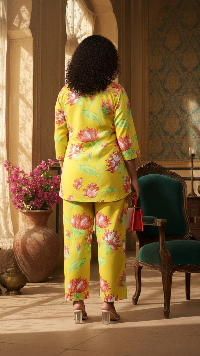 Plus Size Sunny Yellow Lotus Print 2-Piece Set