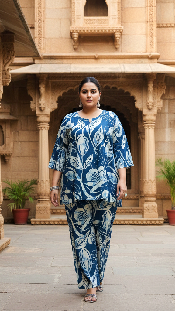 Plus Size Blue Leaf Print Cotton Co-ord Set – Stylish and Comfortable Ethnic Wear for Women