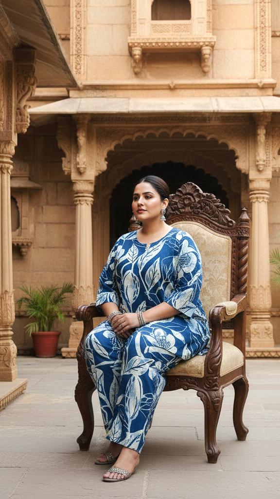 Plus Size Blue Leaf Print Cotton Co-ord Set – Stylish and Comfortable Ethnic Wear for Women