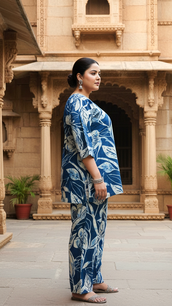 Plus Size Blue Leaf Print Cotton Co-ord Set – Stylish and Comfortable Ethnic Wear for Women