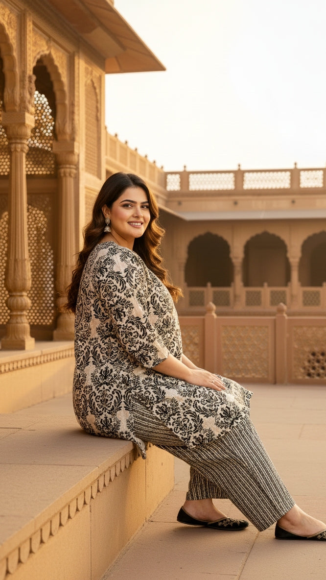 Plus Size Beige Printed Cotton Co-ord Set – Comfortable Everyday Wear for Women