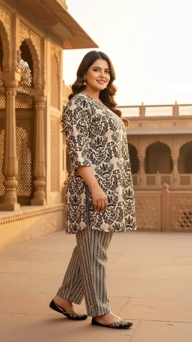 Plus Size Beige Printed Cotton Co-ord Set – Comfortable Everyday Wear for Women