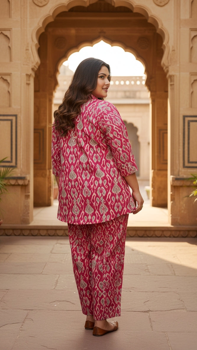 Plus Size Pink Printed Cotton Co-ord Set – Comfortable Everyday Wear for Women
