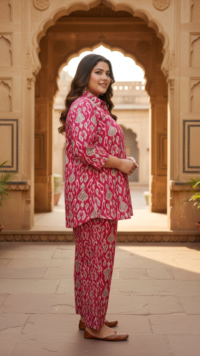 Plus Size Pink Printed Cotton Co-ord Set – Comfortable Everyday Wear for Women