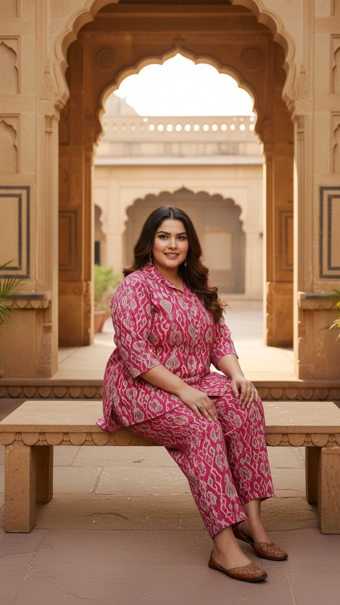 Plus Size Pink Printed Cotton Co-ord Set – Comfortable Everyday Wear for Women