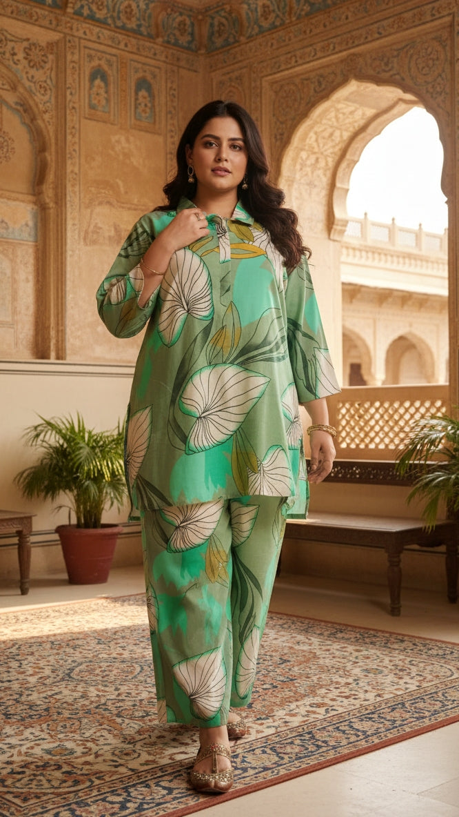 Plus Size Green Printed Cotton Co-ord Set – Comfortable Everyday Wear for Women