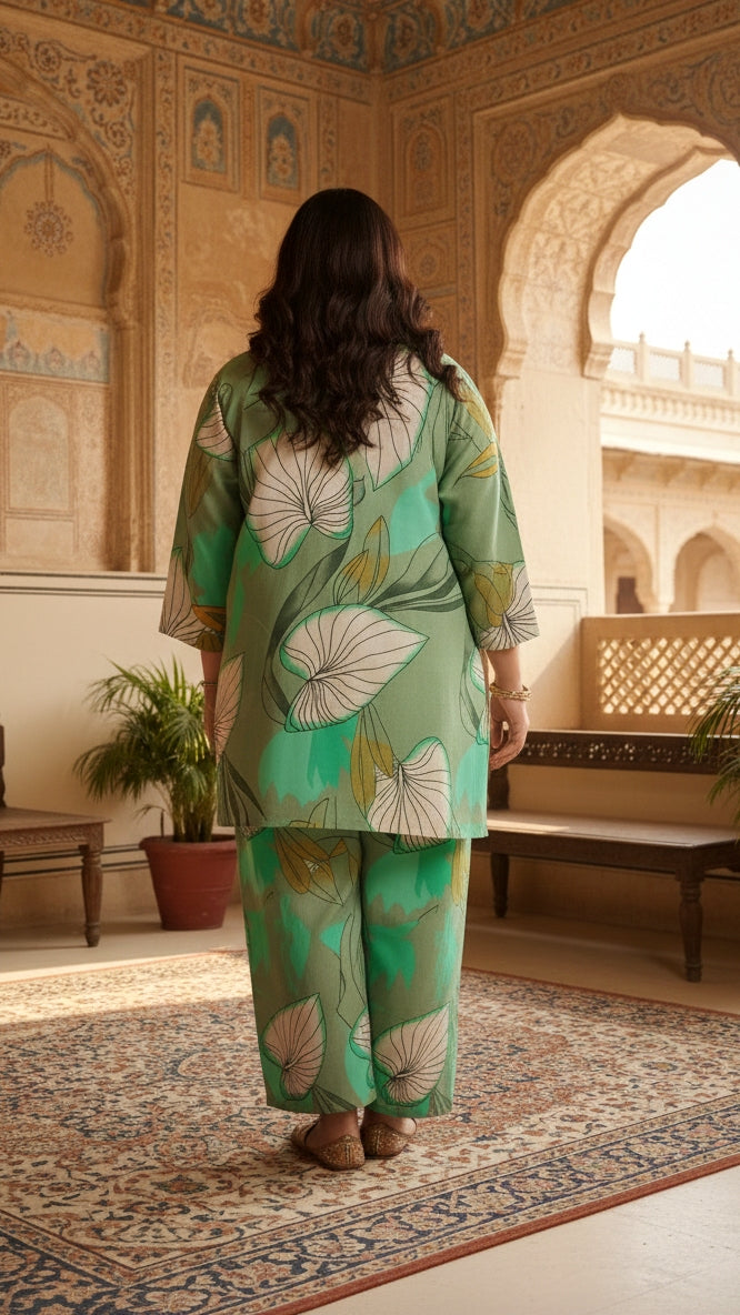 Plus Size Green Printed Cotton Co-ord Set – Comfortable Everyday Wear