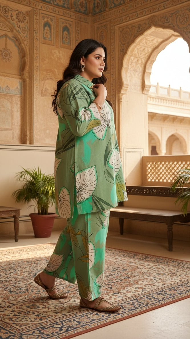 Plus Size Green Printed Cotton Co-ord Set – Comfortable Everyday Wear for Women