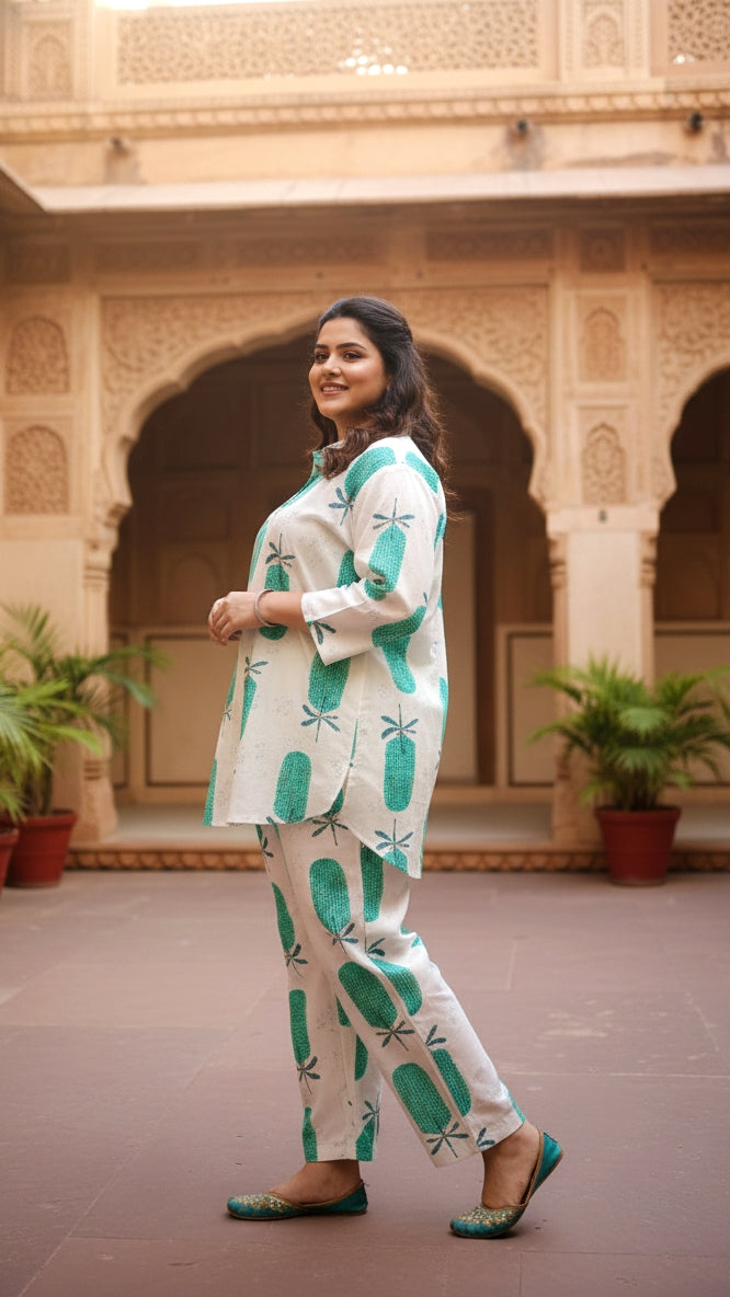 Plus Size White & Blue Printed Cotton Co-ord Set – Comfortable Everyday Wear for Women