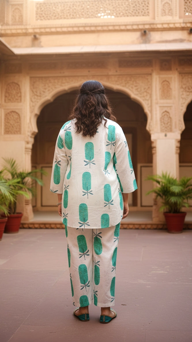 Plus Size White & Blue Printed Cotton Co-ord Set – Comfortable Everyday Wear for Women