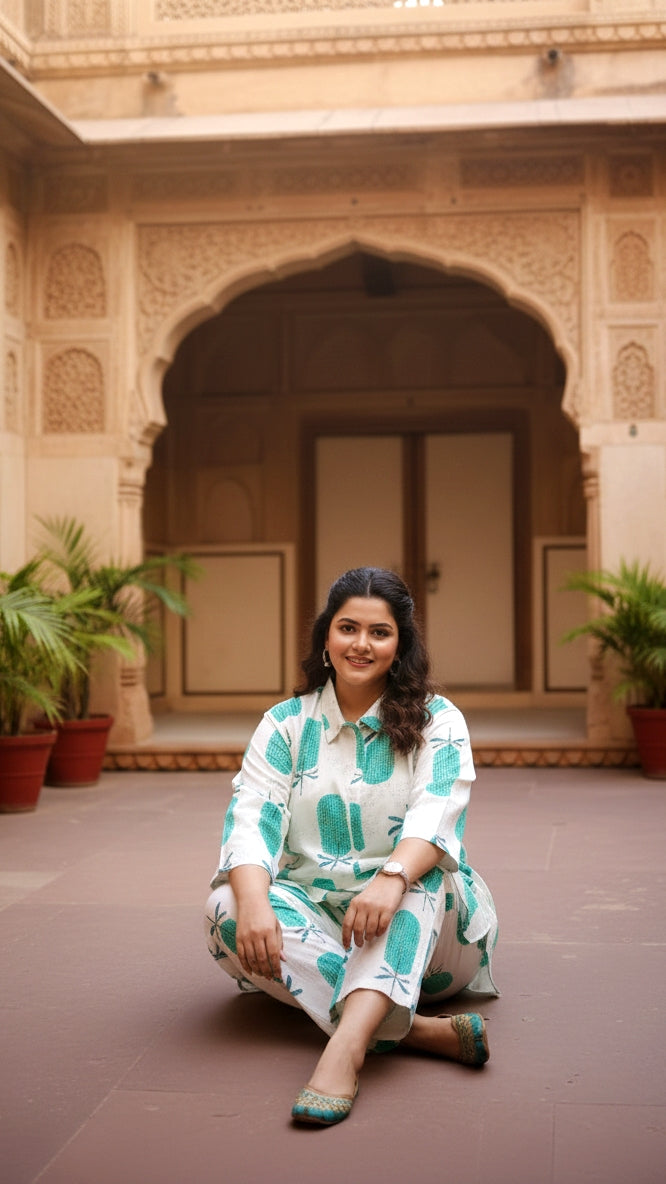 Plus Size White & Blue Printed Cotton Co-ord Set – Comfortable Everyday Wear for Women