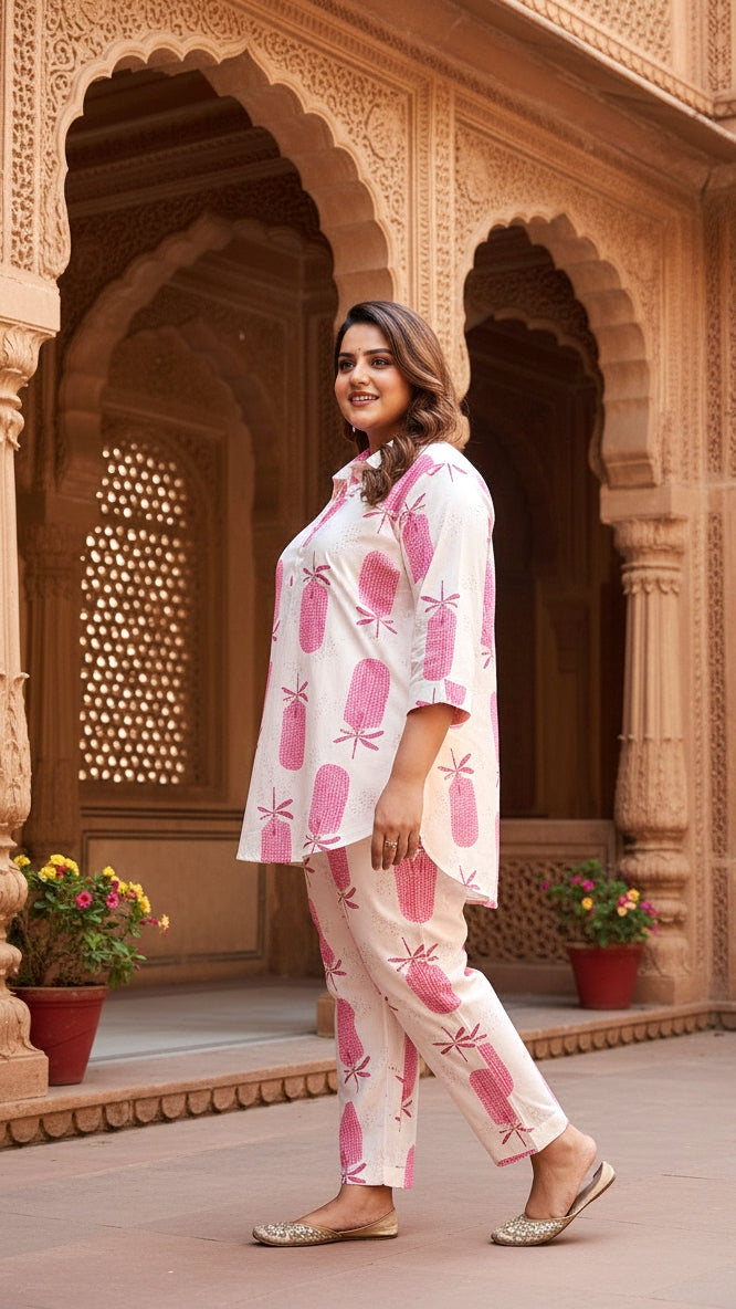 Plus Size White & Pink Printed Cotton Co-ord Set – Comfortable Everyday Wear for Women