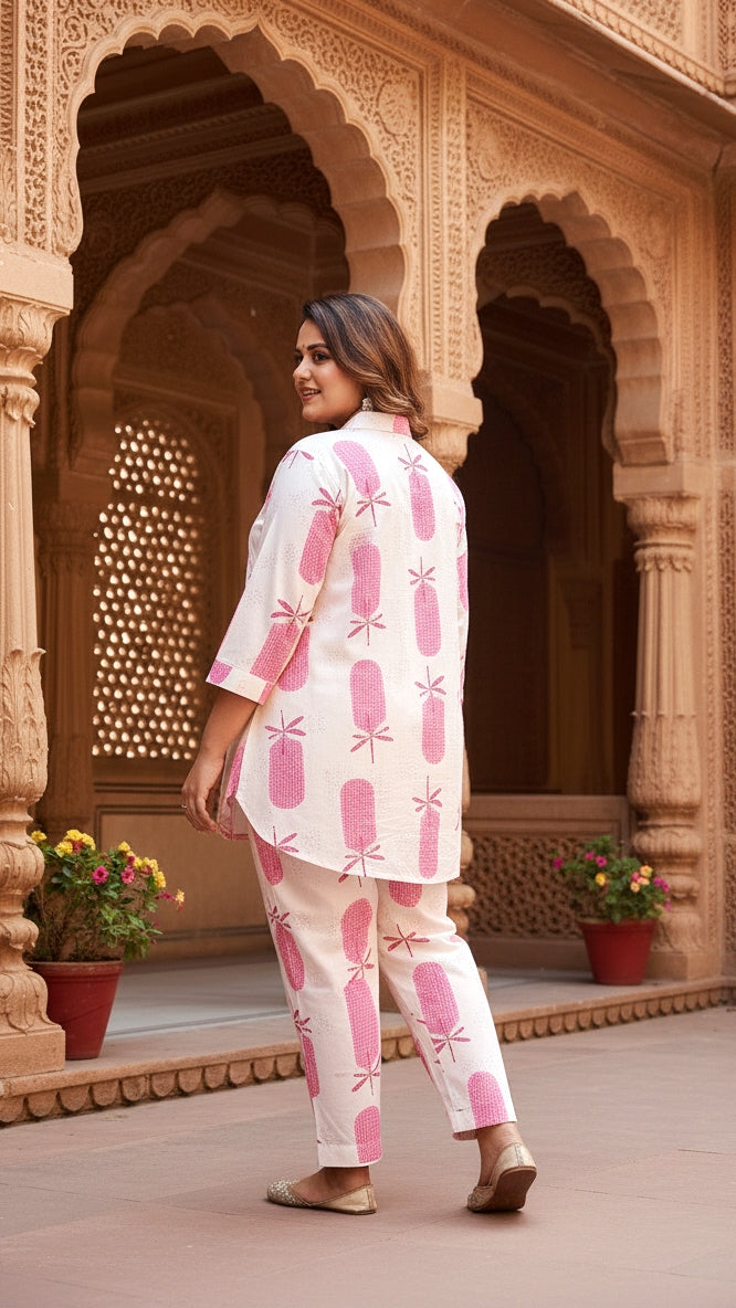 Plus Size White & Pink Printed Cotton Co-ord Set – Comfortable Everyday Wear for Women