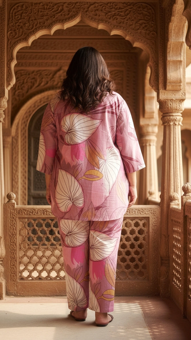 Plus Size Pink Printed Cotton Co-ord Set – Comfortable Everyday Wear for Women