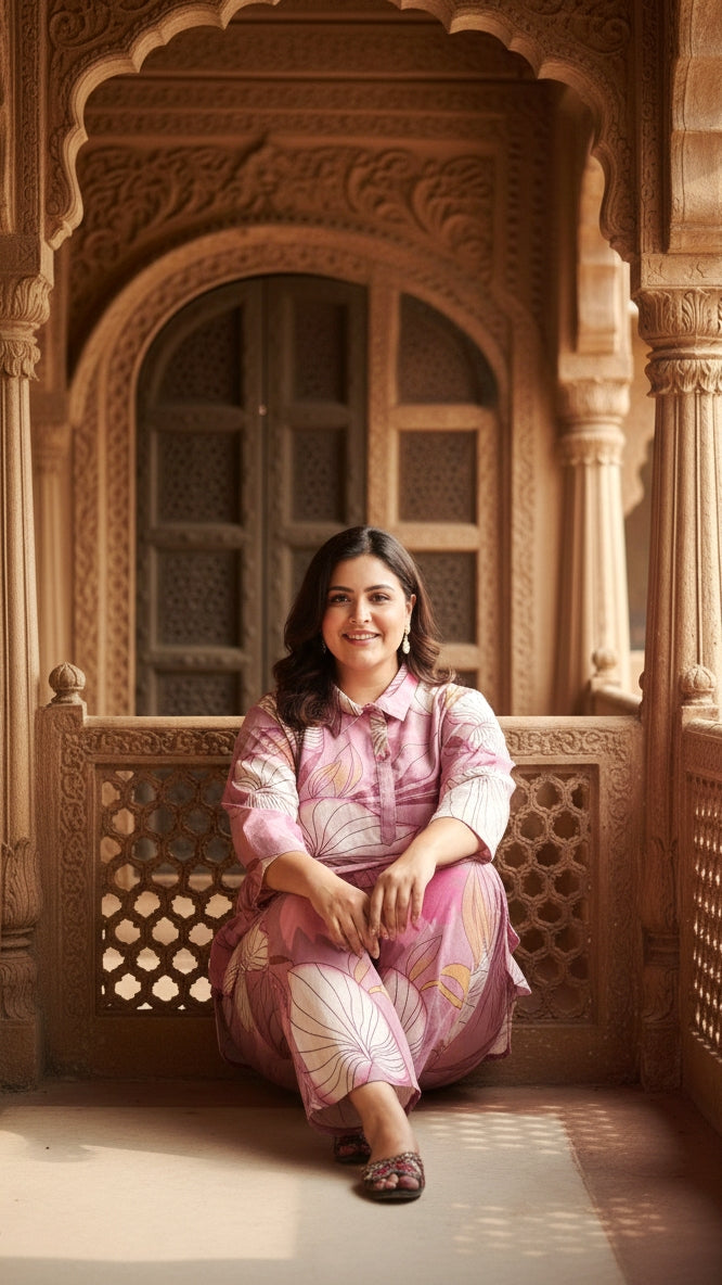 Plus Size Pink Printed Cotton Co-ord Set – Comfortable Everyday Wear for Women