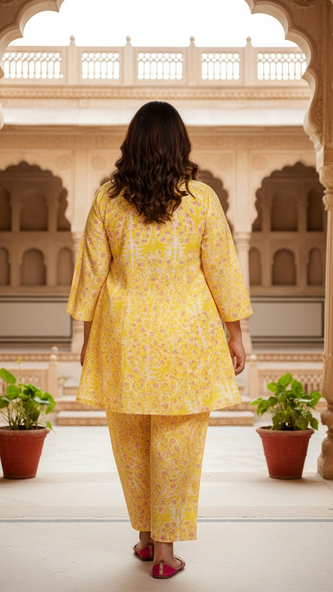Plus Size Yellow Printed Cotton Co-ord Set – Comfortable Everyday Wear for Women