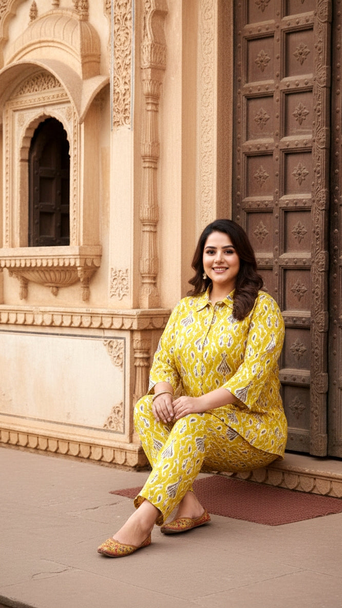 Plus Size Mustard Printed Cotton Co-ord Set – Comfortable Everyday Wear for Women