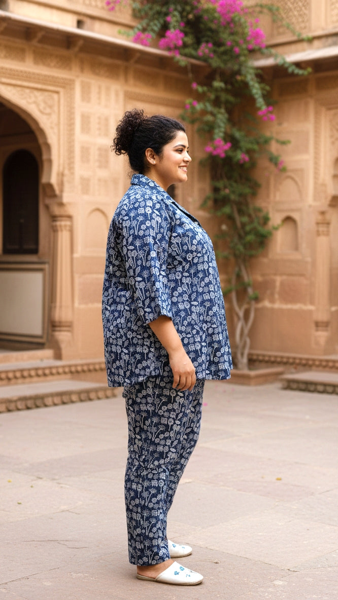 Plus Size Blue Floral Printed Cotton Co-ord Set – Comfortable Everyday Wear for Women