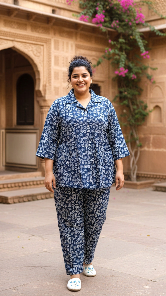 Plus Size Blue Floral Printed Cotton Co-ord Set – Comfortable Everyday Wear for Women