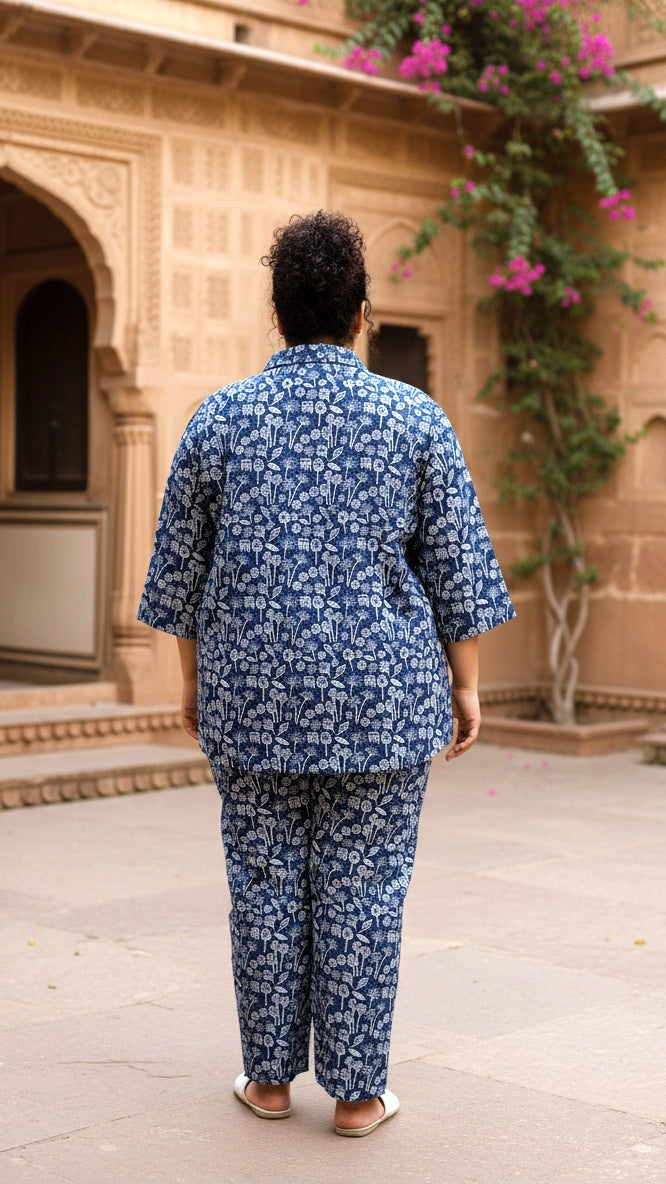 Plus Size Blue Floral Printed Cotton Co-ord Set – Comfortable Everyday Wear for Women