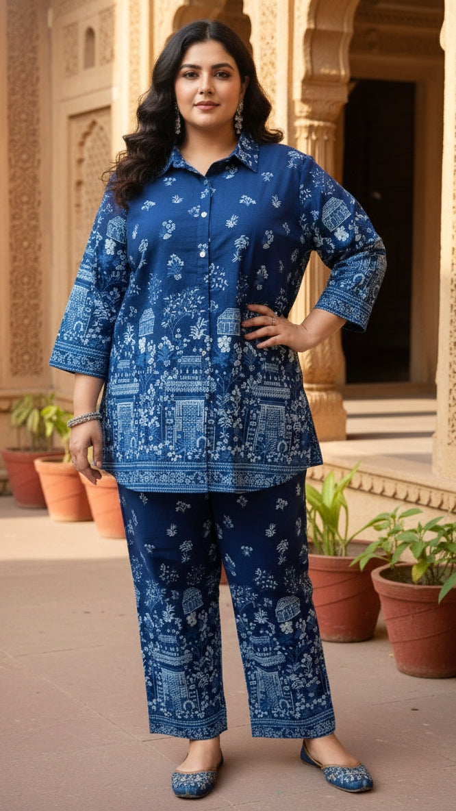 Plus Size Indigo Cotton Co-ord Set – Comfortable Party Wear for Women