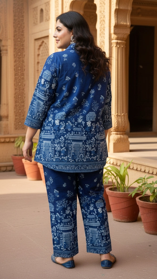 Plus Size Indigo Cotton Co-ord Set – Comfortable Party Wear for Women