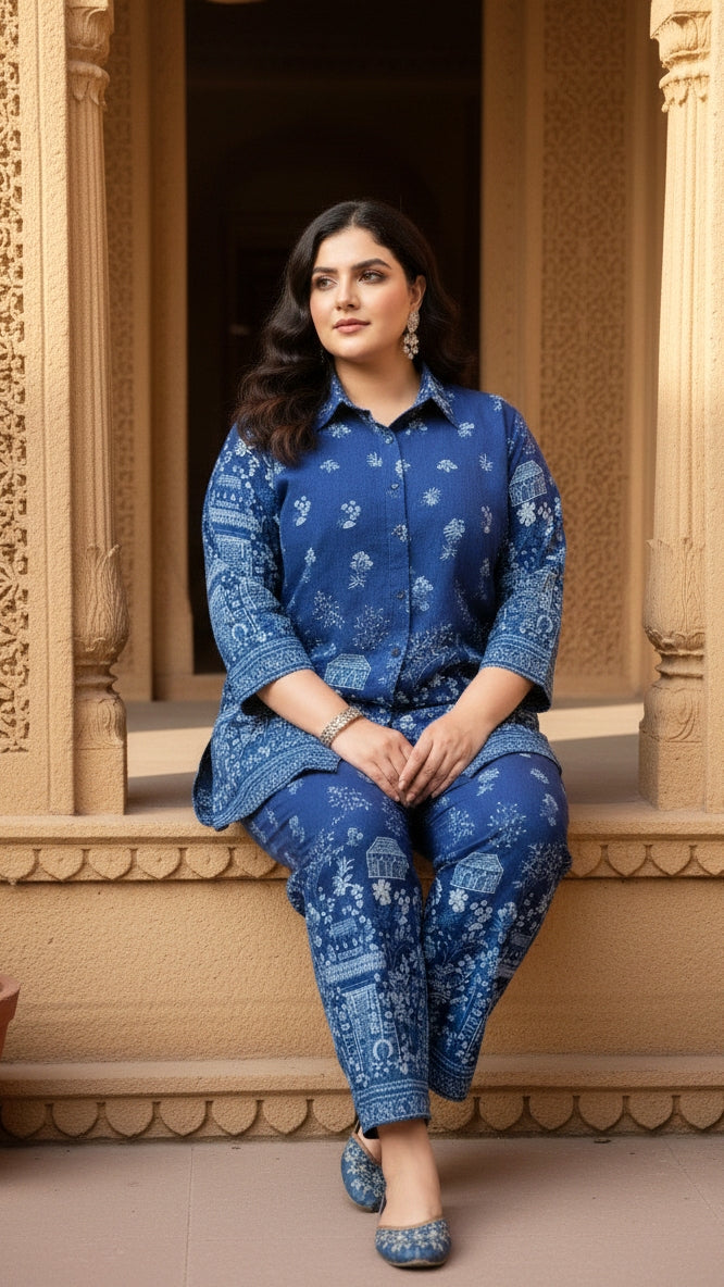 Plus Size Indigo Cotton Co-ord Set – Comfortable Party Wear for Women