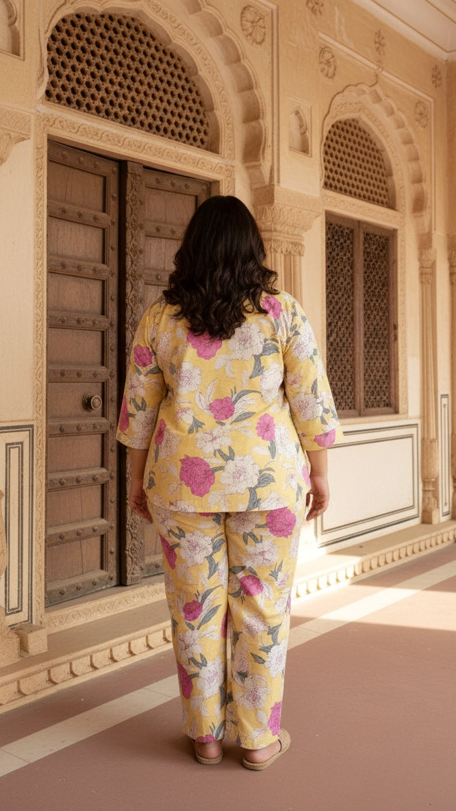 Plus Size Yellow Pink Floral Cotton Co-ord Set – Comfortable Everyday Wear for Women