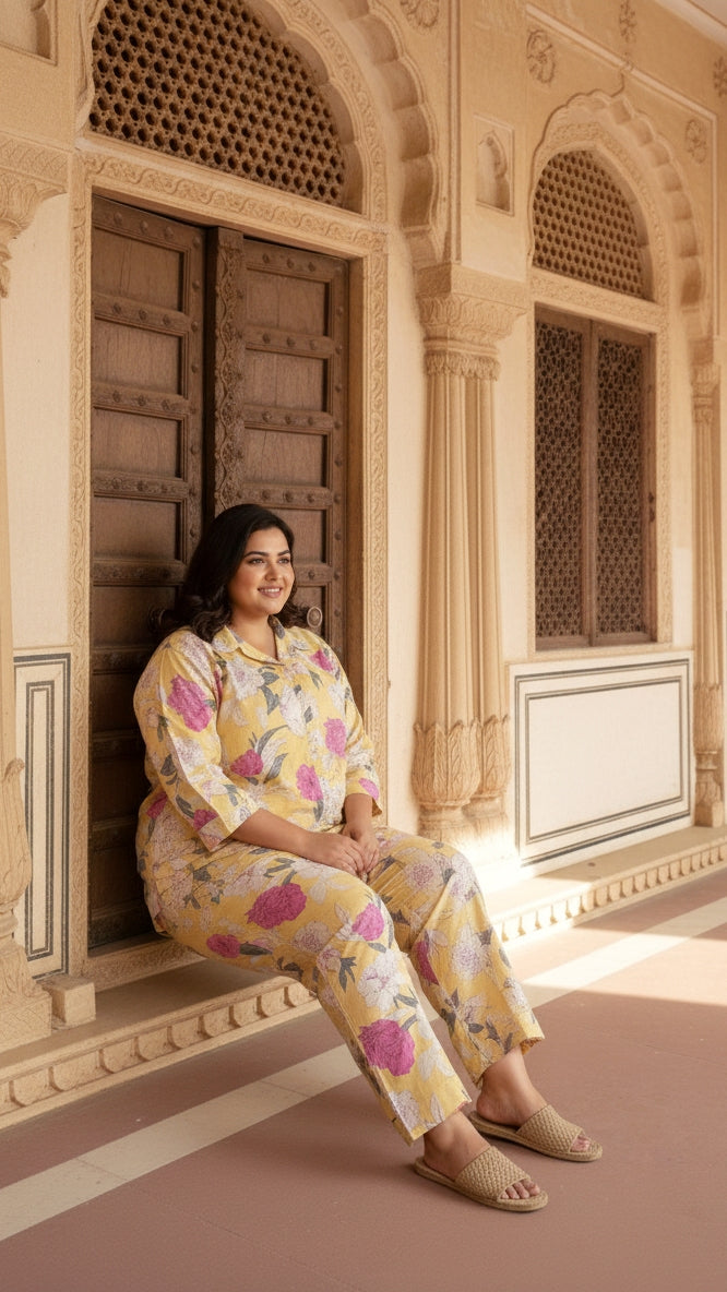 Plus Size Yellow Pink Floral Cotton Co-ord Set – Comfortable Everyday Wear for Women