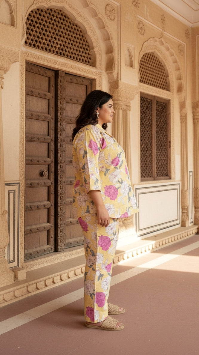 Plus Size Yellow Pink Floral Cotton Co-ord Set – Comfortable Everyday Wear for Women