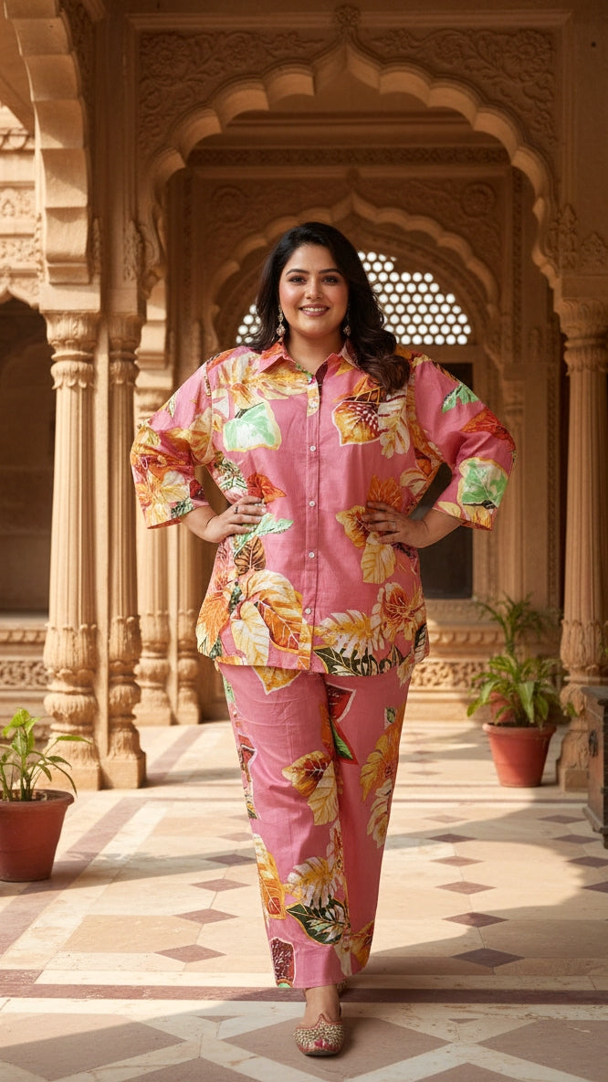 Plus Size Pink Floral Cotton Co-ord Set – Comfortable Everyday Wear for Women