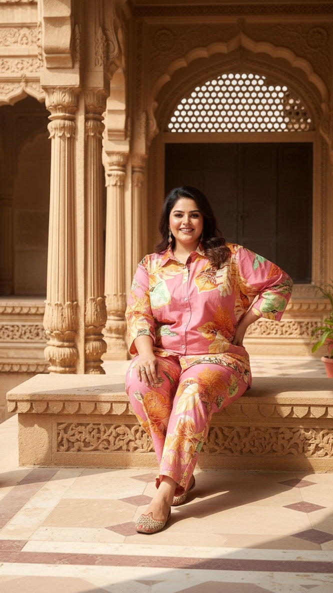 Plus Size Pink Floral Cotton Co-ord Set – Comfortable Everyday Wear for Women