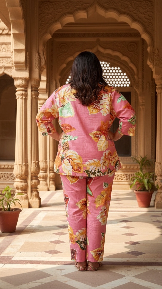Plus Size Pink Floral Cotton Co-ord Set – Comfortable Everyday Wear for Women