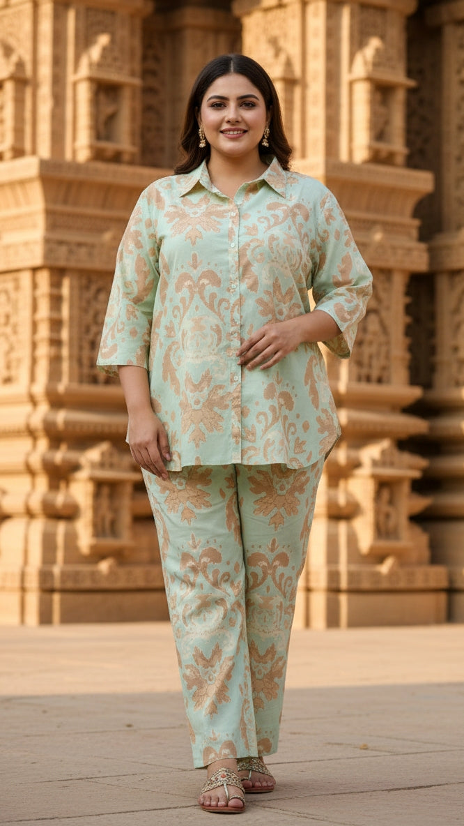 Plus Size Ikat Sage Mint Cotton Co-ord Set – Comfortable Everyday Wear for Women