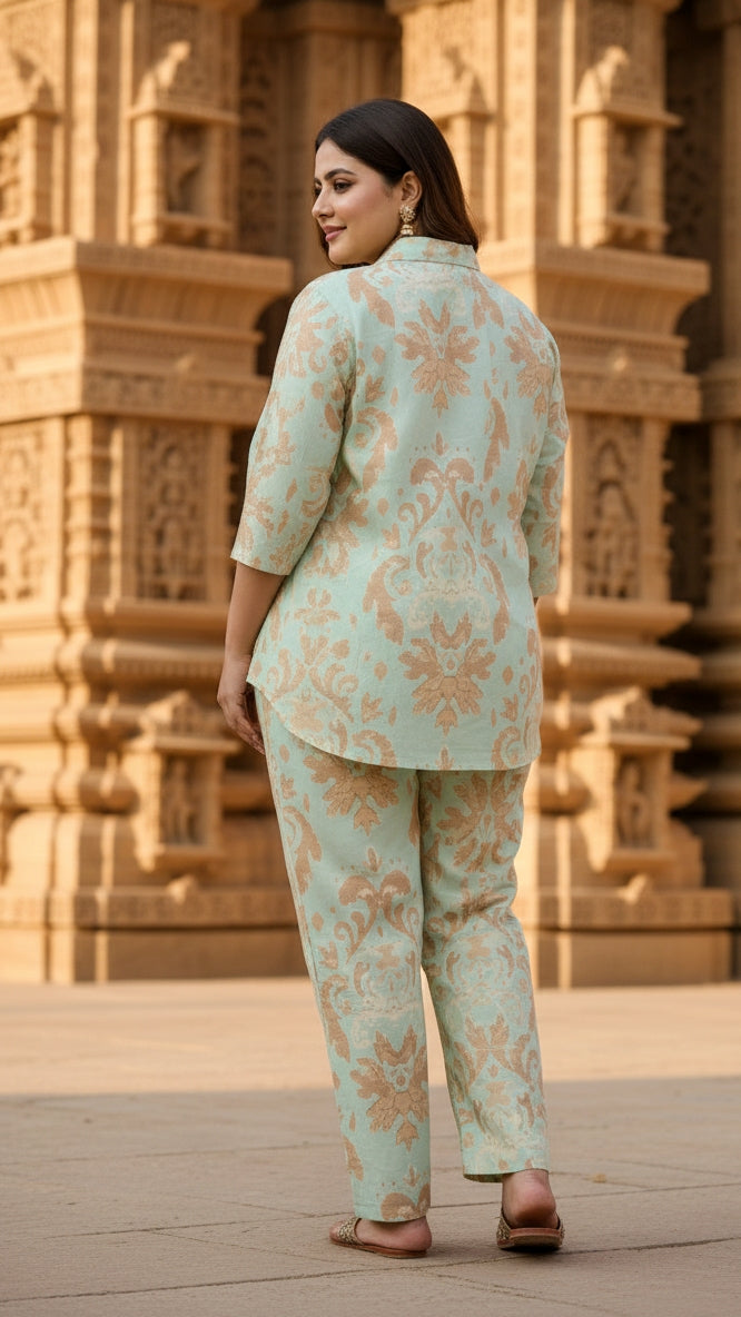 Plus Size Ikat Sage Mint Cotton Co-ord Set – Comfortable Everyday Wear for Women