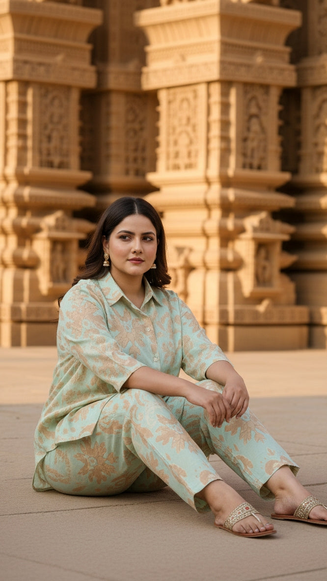 Plus Size Ikat Sage Mint Cotton Co-ord Set – Comfortable Everyday Wear for Women