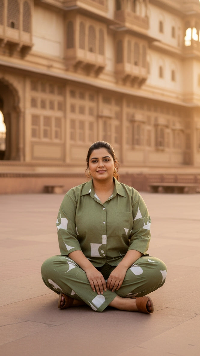 Plus Size Green Cotton Co-ord Set – Comfortable Everyday Wear for Women