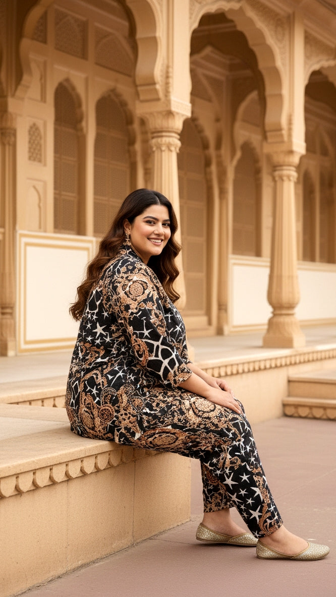 Plus Size Black Abstract Cotton Co-ord Set – Comfortable Everyday Wear for Women