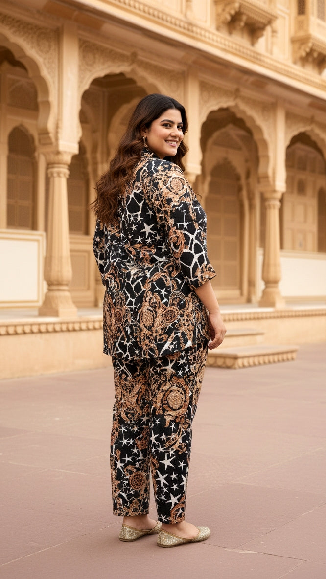 Plus Size Black Abstract Cotton Co-ord Set – Comfortable Everyday Wear for Women