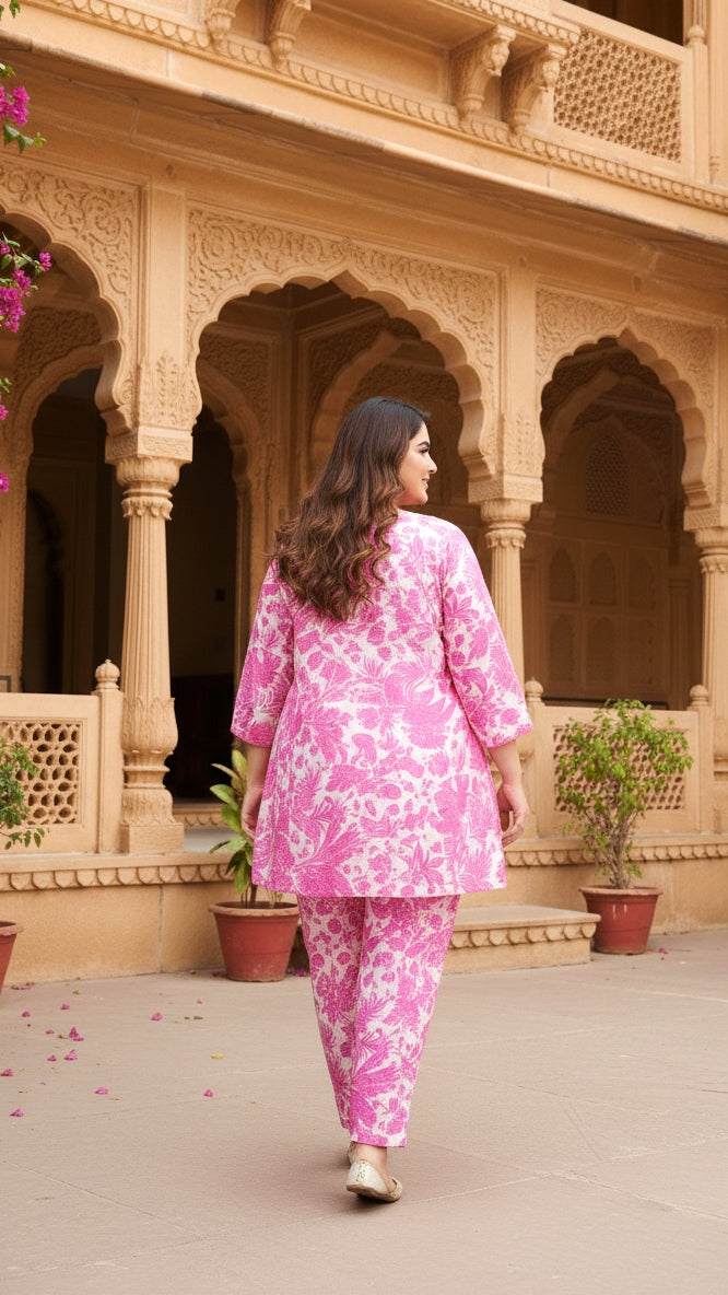 Plus Size Pink Jungle Cotton Co-ord Set – Comfortable Everyday Wear for Women
