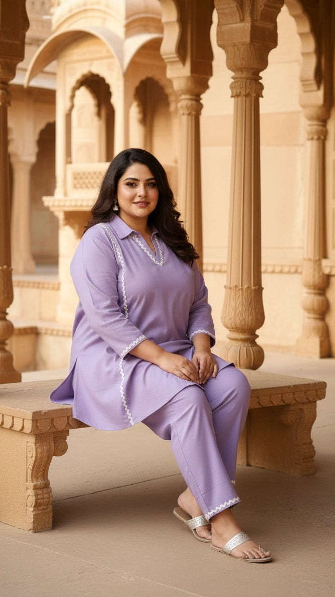 Plus Size Purple Solid Cotton Co-ord Set – Comfortable Everyday Wear for Women