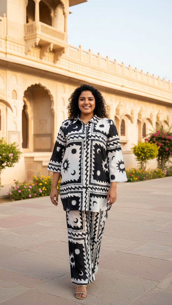 Plus Size Black Abstract Cotton Co-ord Set – Comfortable Everyday Wear for Women