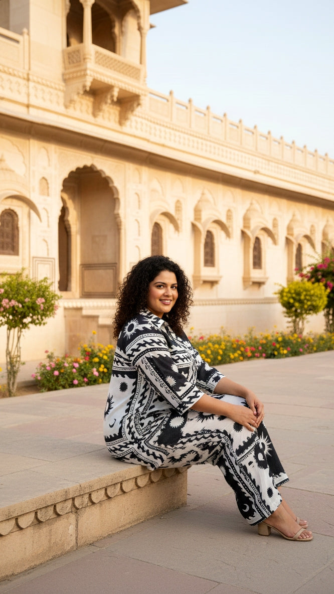 Plus Size Black Abstract Cotton Co-ord Set – Comfortable Everyday Wear for Women