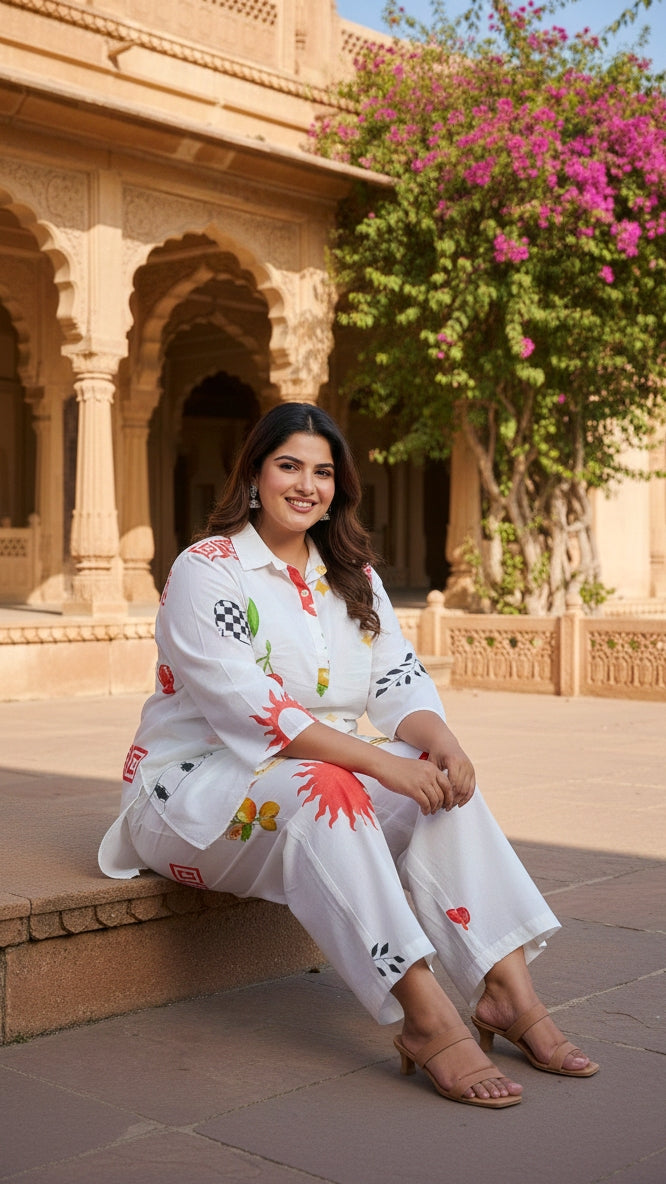 Plus Size White Fun Cotton Co-ord Set – Comfortable Everyday Wear for Women