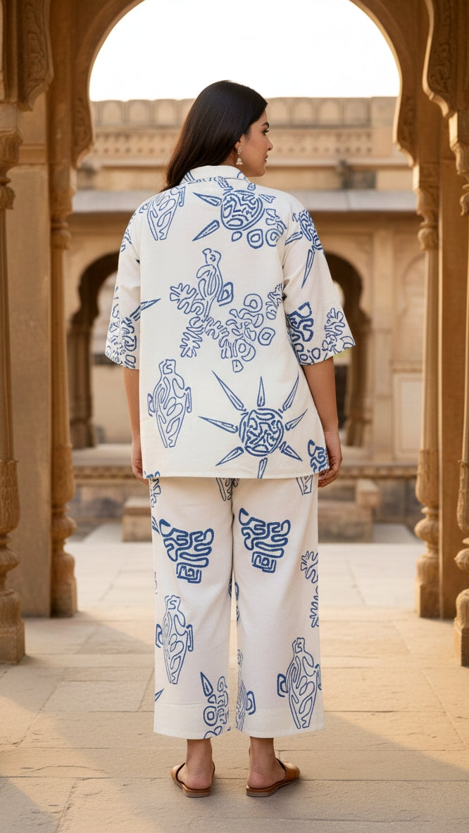 Plus Size Blue & White Cotton Co-ord Set – Comfortable Everyday Wear for Women