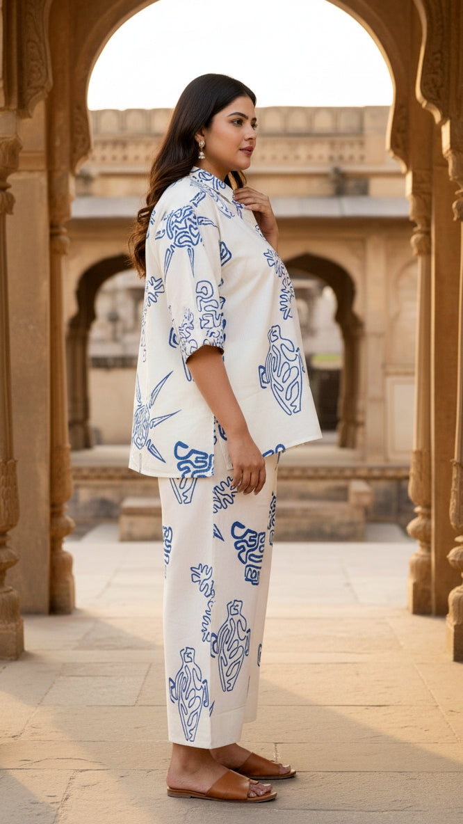 Plus Size Blue & White Cotton Co-ord Set – Comfortable Everyday Wear for Women